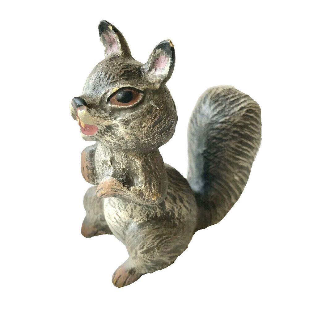 Vintage Squirrel Figurine Heavy Solid Metal Painted Brass Sculpture Unsigned